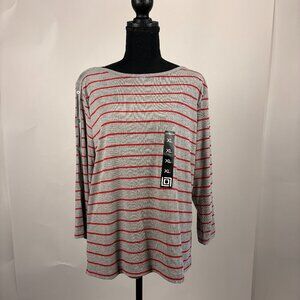 Liz Claiborne | Boatneck Tee | XL | Striped with Button Sleeve Detail